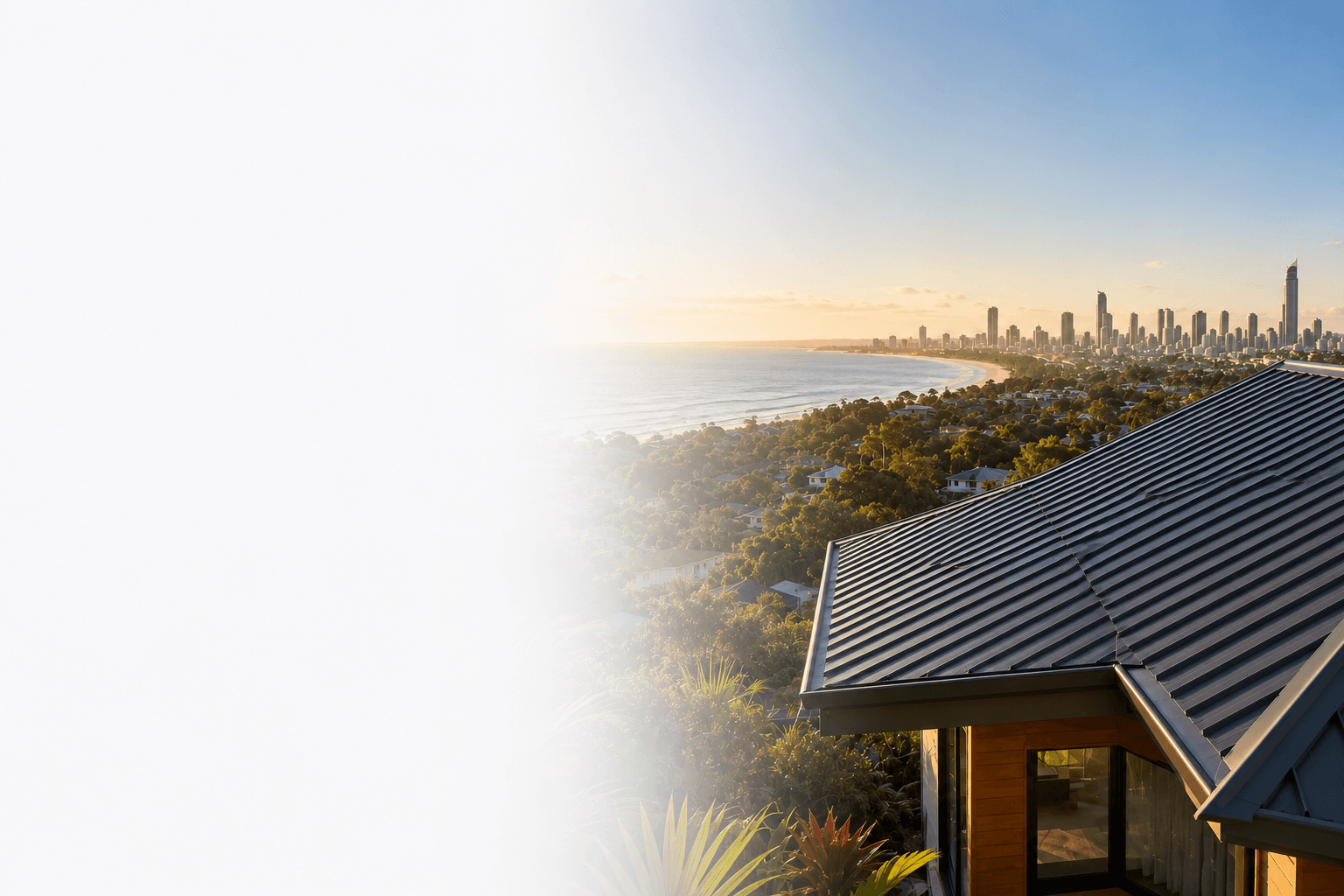 Metal roof overlooking the South East Queensland coastline at sunrise