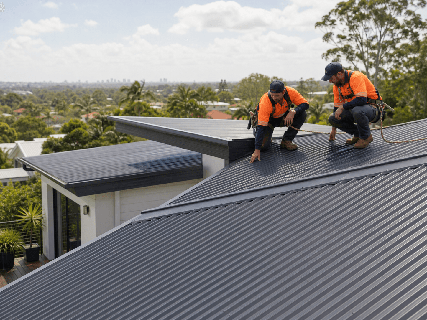 Roofing Paradise metal roofing team inspecting a completed roof