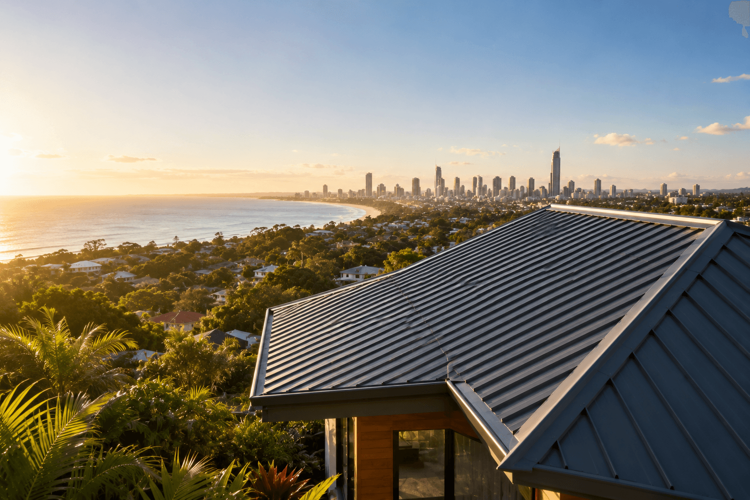 Standing seam metal roof overlooking the South East Queensland coastline